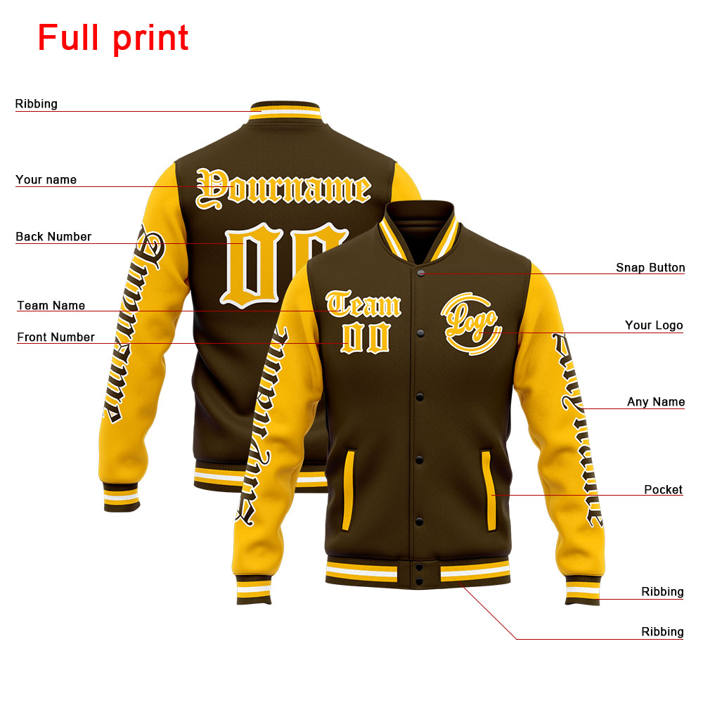 Custom Brown Yellow Varsity Jacket for Men Women and Youth with Personalized Letterman Jacket 