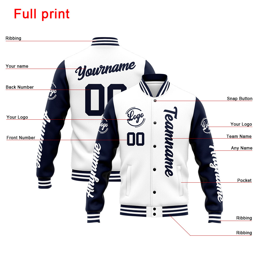 Custom Navy White Varsity Jacket for Men Women and Youth with Personalized Letterman Jacket 