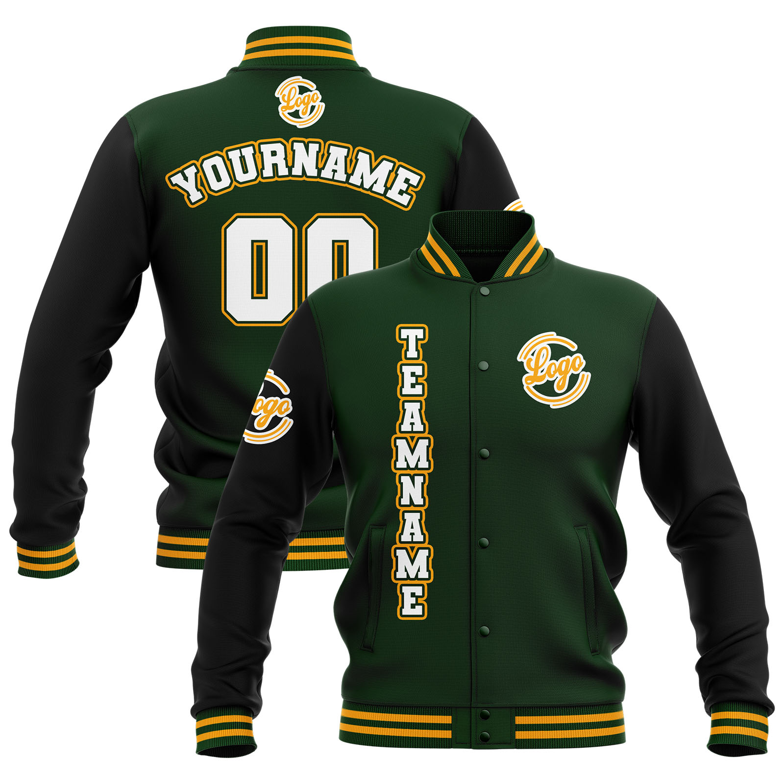 Custom Black Dark Green Yellow Waterproof Varsity Jackets Personalized Stitched Name Number Logo to Letterman Jackets