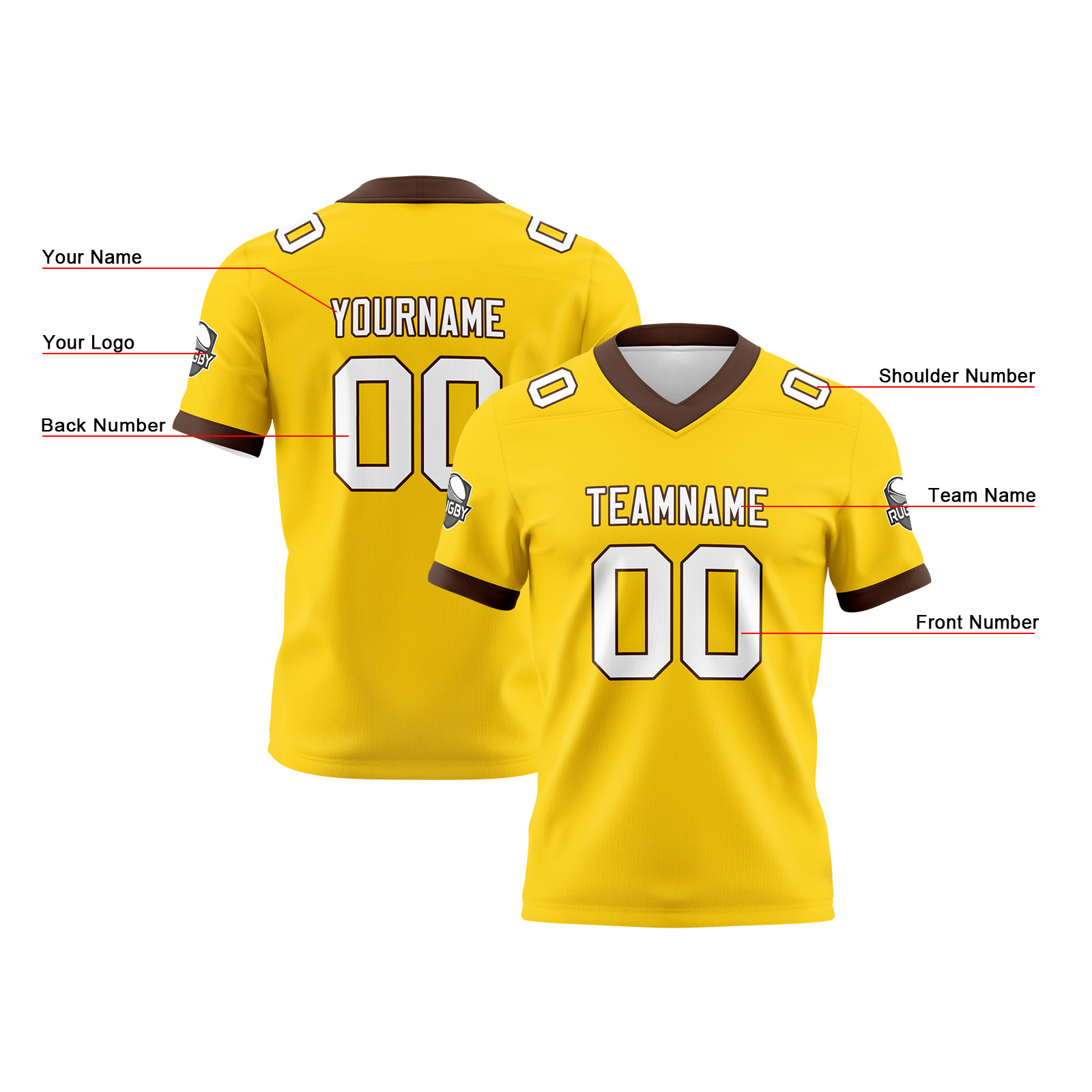 Custom Yellow Brown Football Jersey Personalized Football Shirts for Men Printed Team Name Number Logo