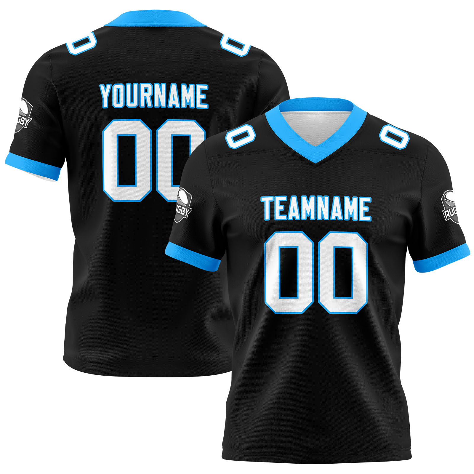 Custom Black Sky Blue Football Jersey Personalized Football Shirts for Men Printed Team Name Number Logo