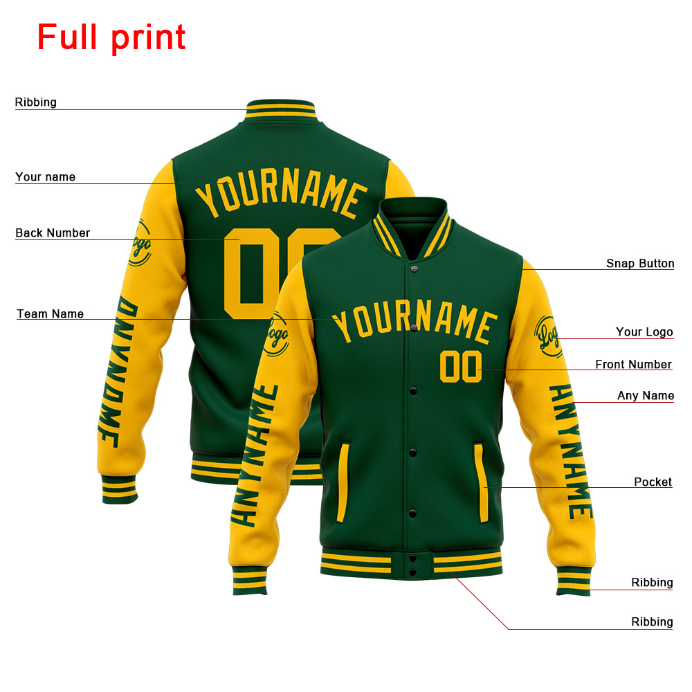 Custom Green Yellow Varsity Jacket for Men Women and Youth with Personalized Letterman Jacket 