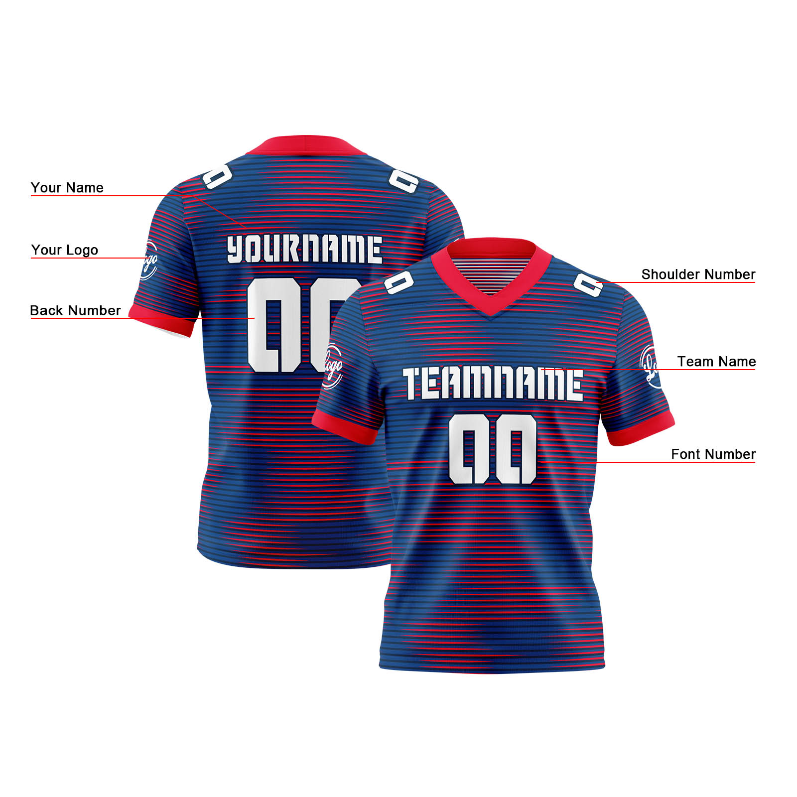 Custom Blue Red Reversible Football Jersey Personalized Gradient Football Shirts for Men Printed Team Name Number Logo