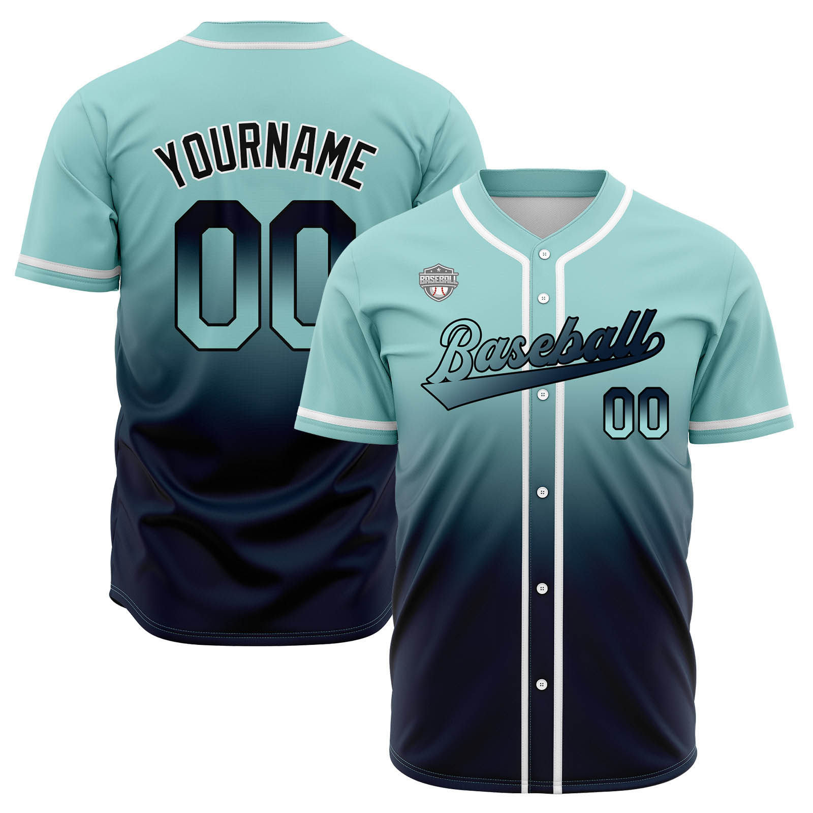 Custom Light Teal&Navy Gradient Baseball Jerseys Personalized Name Number Logo