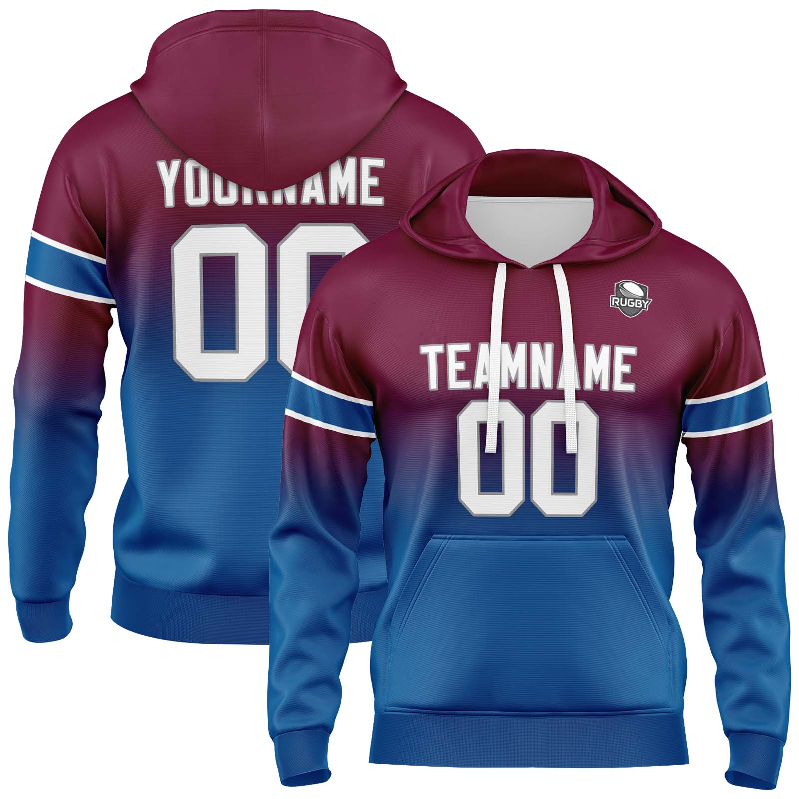 Custom Burgundy Blue Gradient Hoodie for Women Men and Youths Personalized Pullover Football Sweatshirt