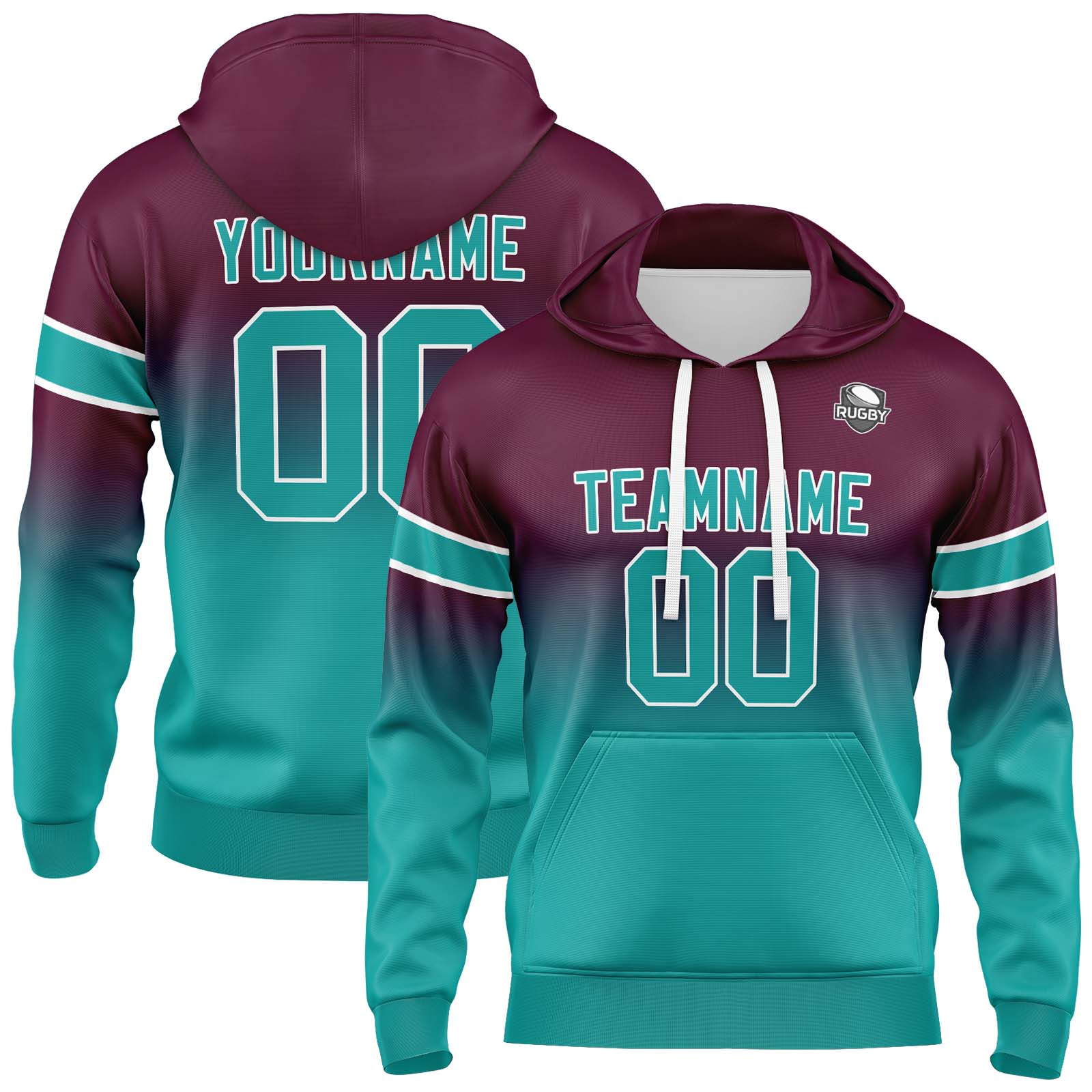 Custom Burgundy Teal Gradient Hoodie for Women Men and Youths Personalized Pullover Football Sweatshirt