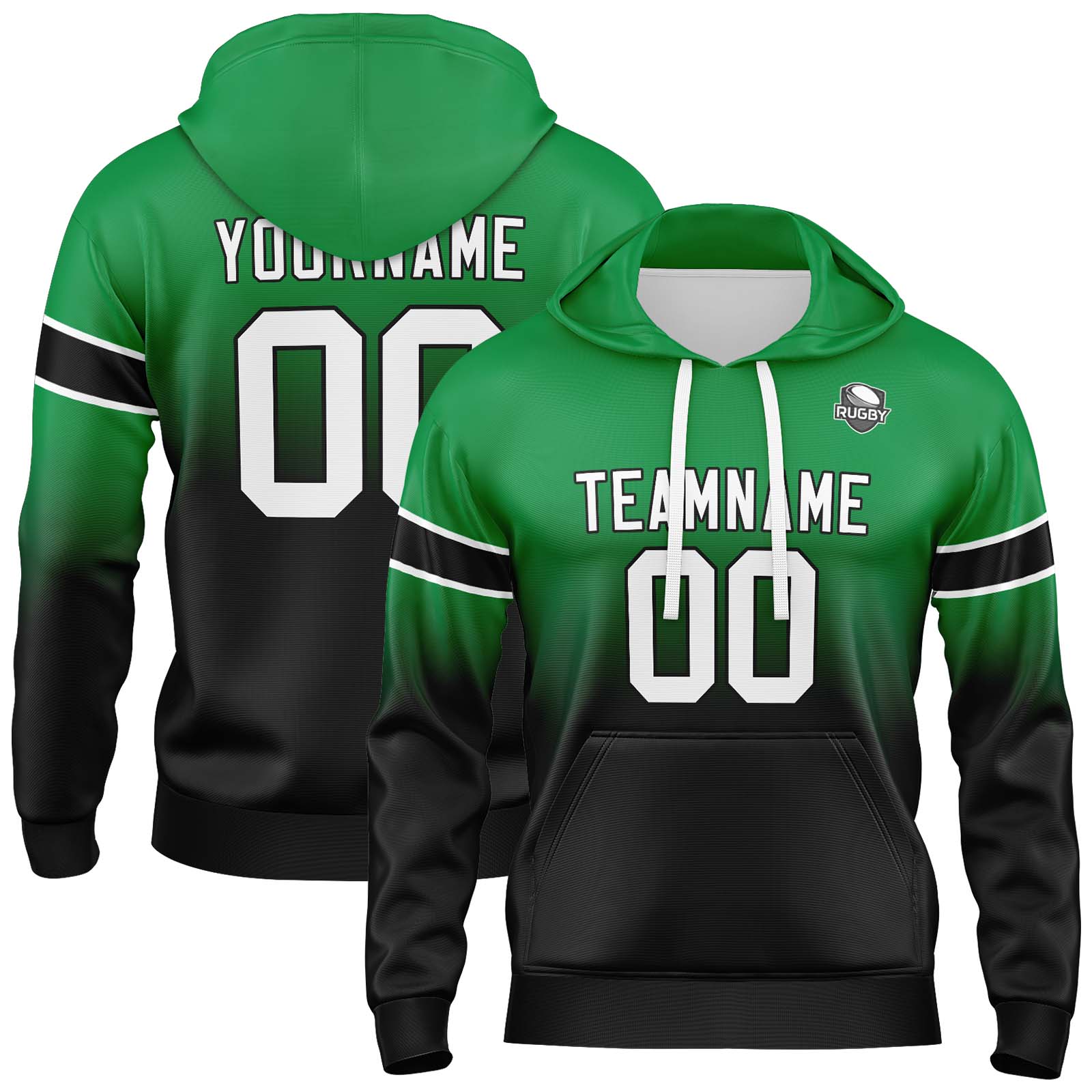 Custom Green Black Gradient Hoodie for Women Men and Youths Personalized Pullover Football Sweatshirt