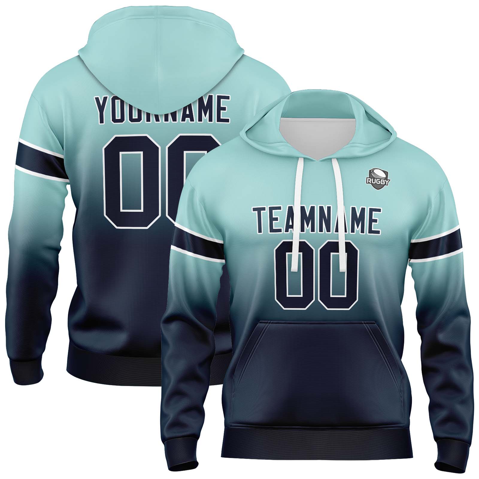 Custom Light Teal Navy Gradient Hoodie for Women Men and Youths Personalized Pullover Football Sweatshirt