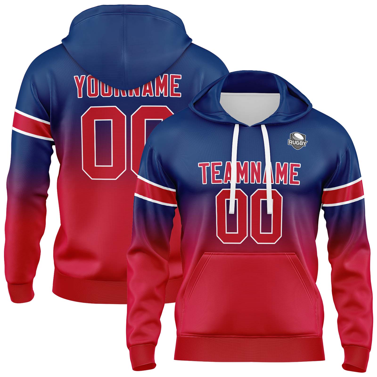 Custom Navy Red Gradient Hoodie for Women Men and Youths Personalized Pullover Football Sweatshirt