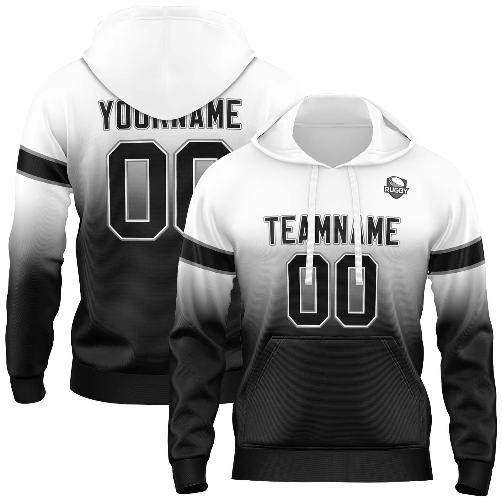 Custom White Black Gradient Hoodie for Women Men and Youths Personalized Pullover Football Sweatshirt
