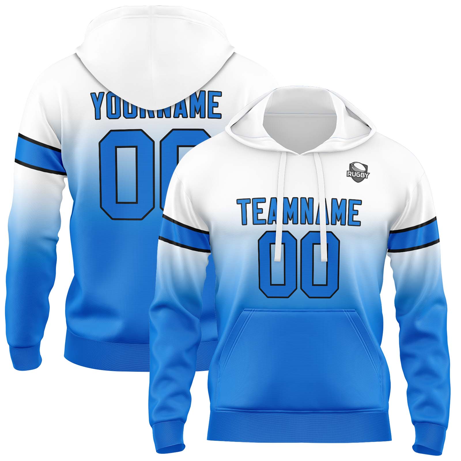 Custom White Blue Gradient Hoodie for Women Men and Youths Personalized Pullover Football Sweatshirt
