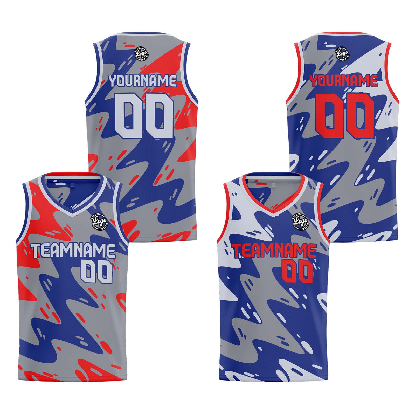 Custom Grey Blue Red Reversible Basketball Jersey Basketball Uniform Basketball Shirts for Men Personalized Print Name Number