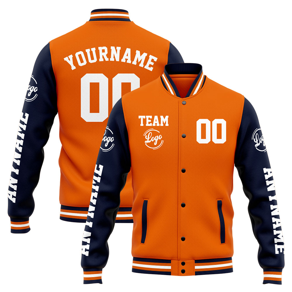 Custom Navy Orange Varsity Jacket for Men Women and Youth with Personalized Letterman Jacket 