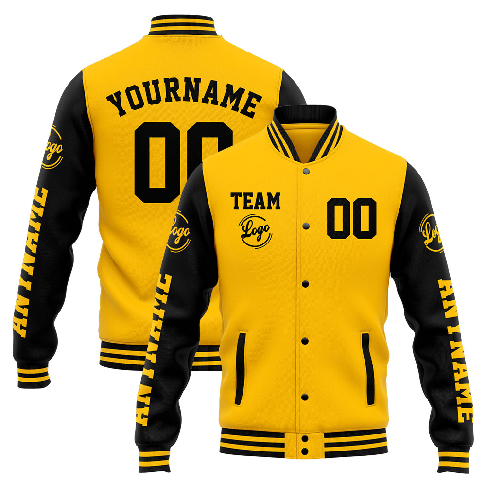 Custom Yellow Black Varsity Jacket for Men Women and Youth with Personalized Letterman Jacket 