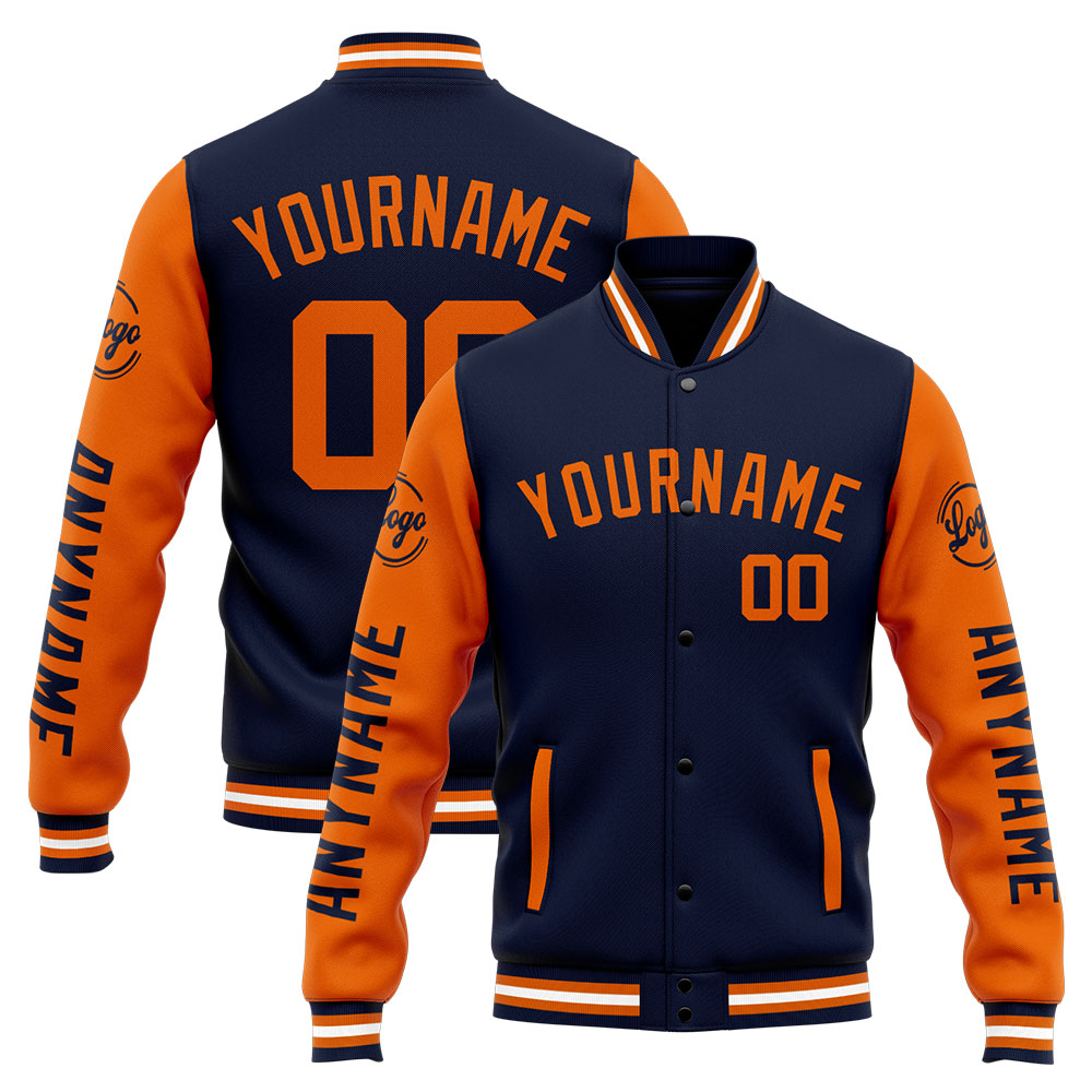 Custom Navy Orange Varsity Jacket for Men Women and Youth with Personalized Letterman Jacket 