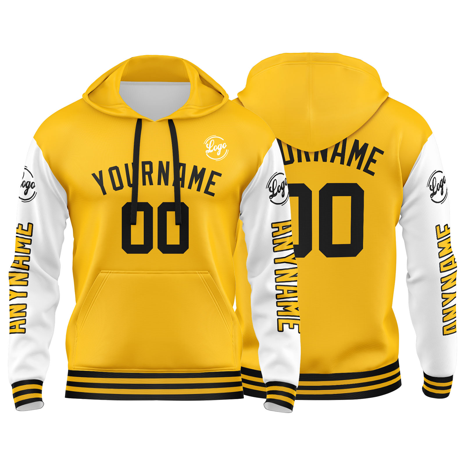 Custom Yellow White Hoodie Personalized Mens Pullover Hoodie Printed Team Name Number Logo for Women