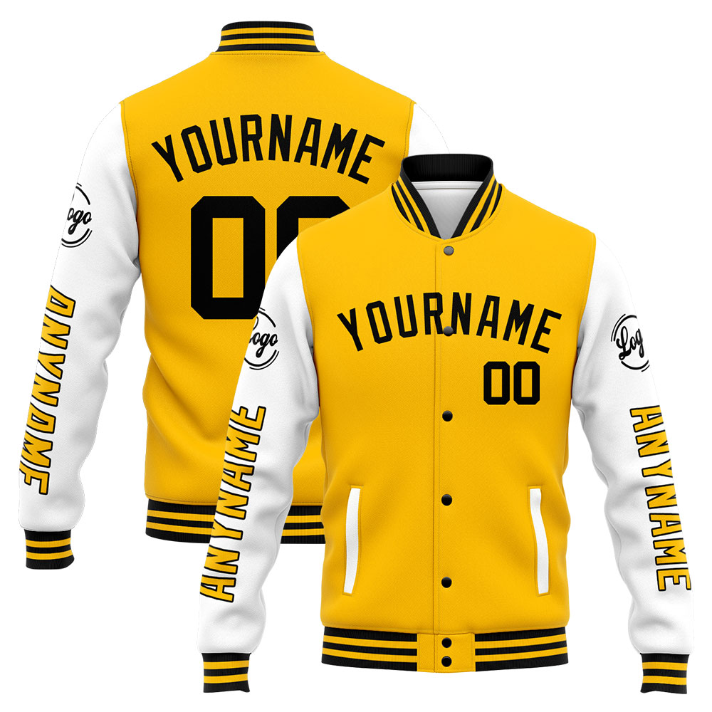 Custom Yellow White Varsity Jacket for Men Women and Youth with Personalized Letterman Jacket 