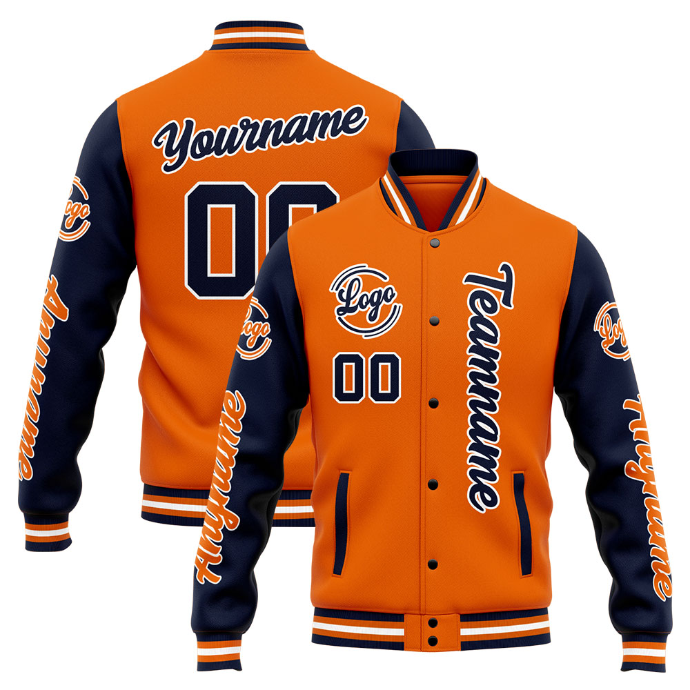 Custom Navy Orange Varsity Jacket for Men Women and Youth with Personalized Letterman Jacket 