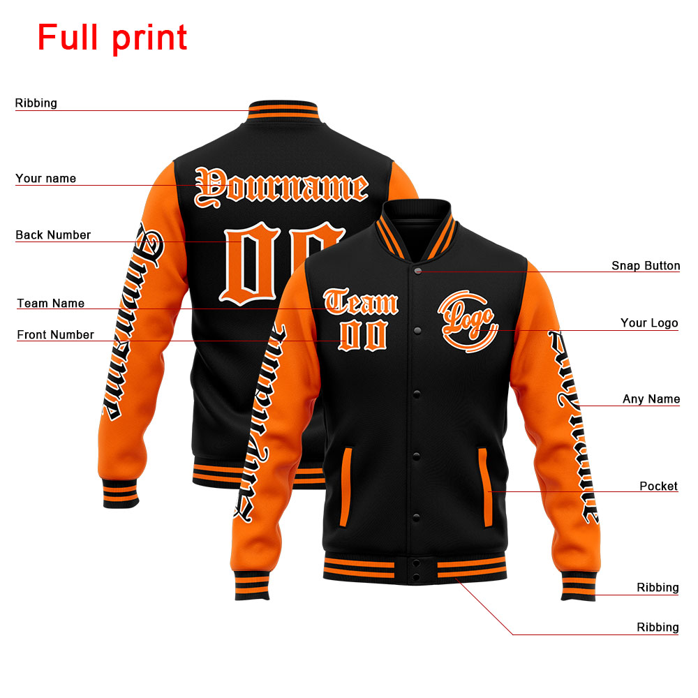Custom Orange Black Varsity Jacket for Men Women and Youth with Personalized Letterman Jacket 