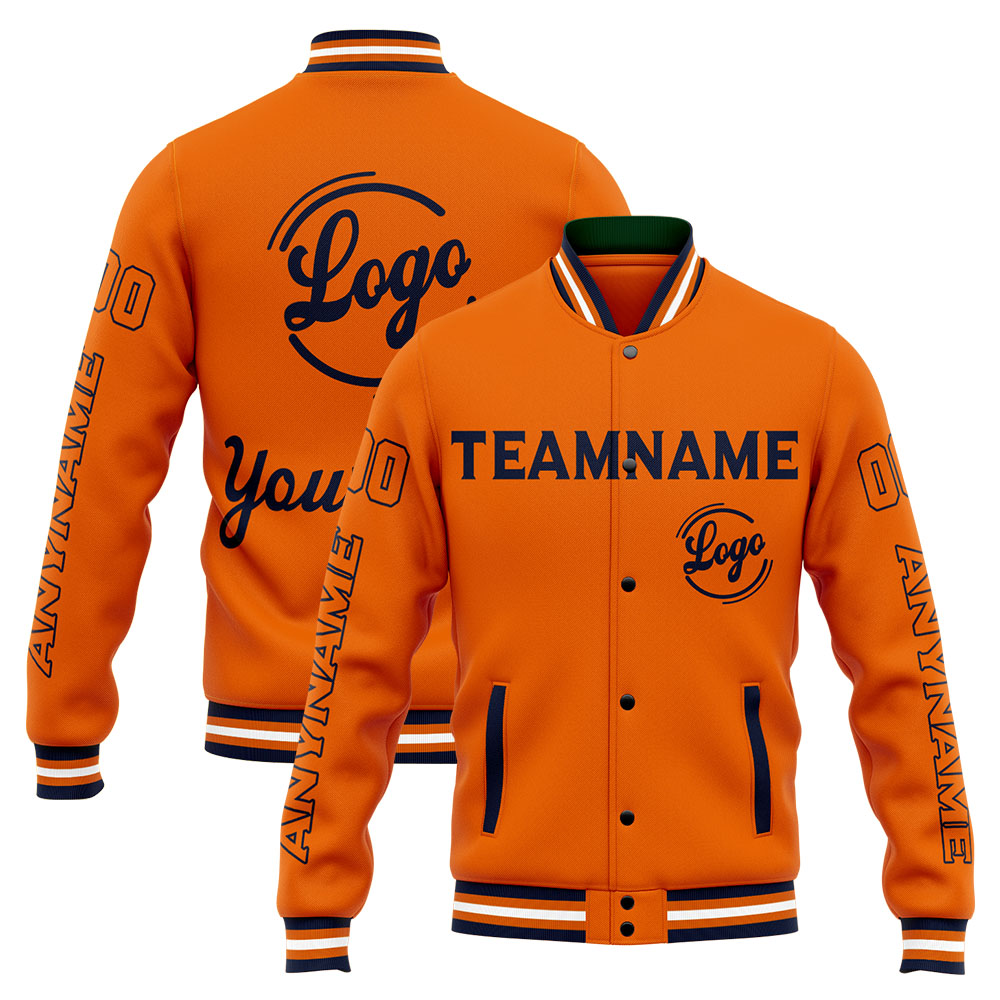 Custom Navy Orange Varsity Jacket for Men Women and Youth with Personalized Letterman Jacket 