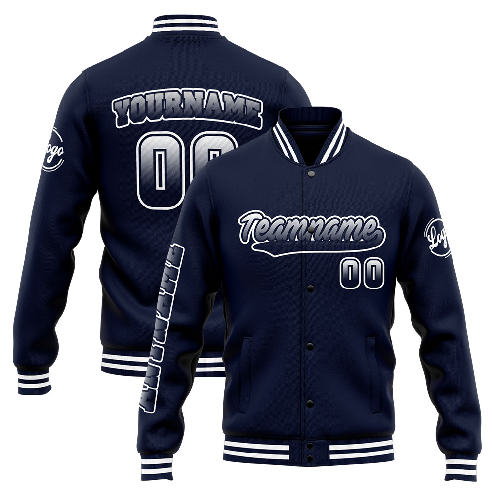Custom Navy White Varsity Jacket for Men Women and Youth with Personalized Letterman Jacket 