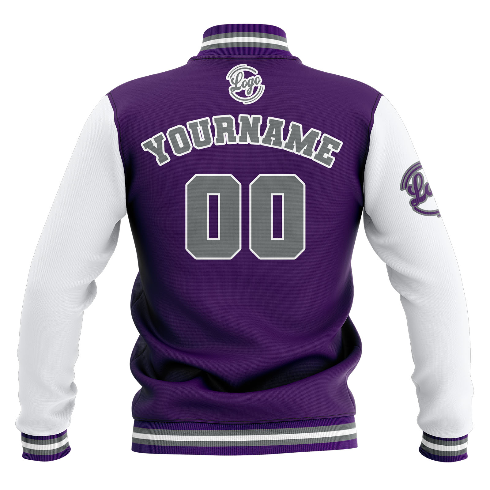 Custom Purple White Grey Waterproof Varsity Jackets Personalized Stitched Name Number Logo to Letterman Jackets