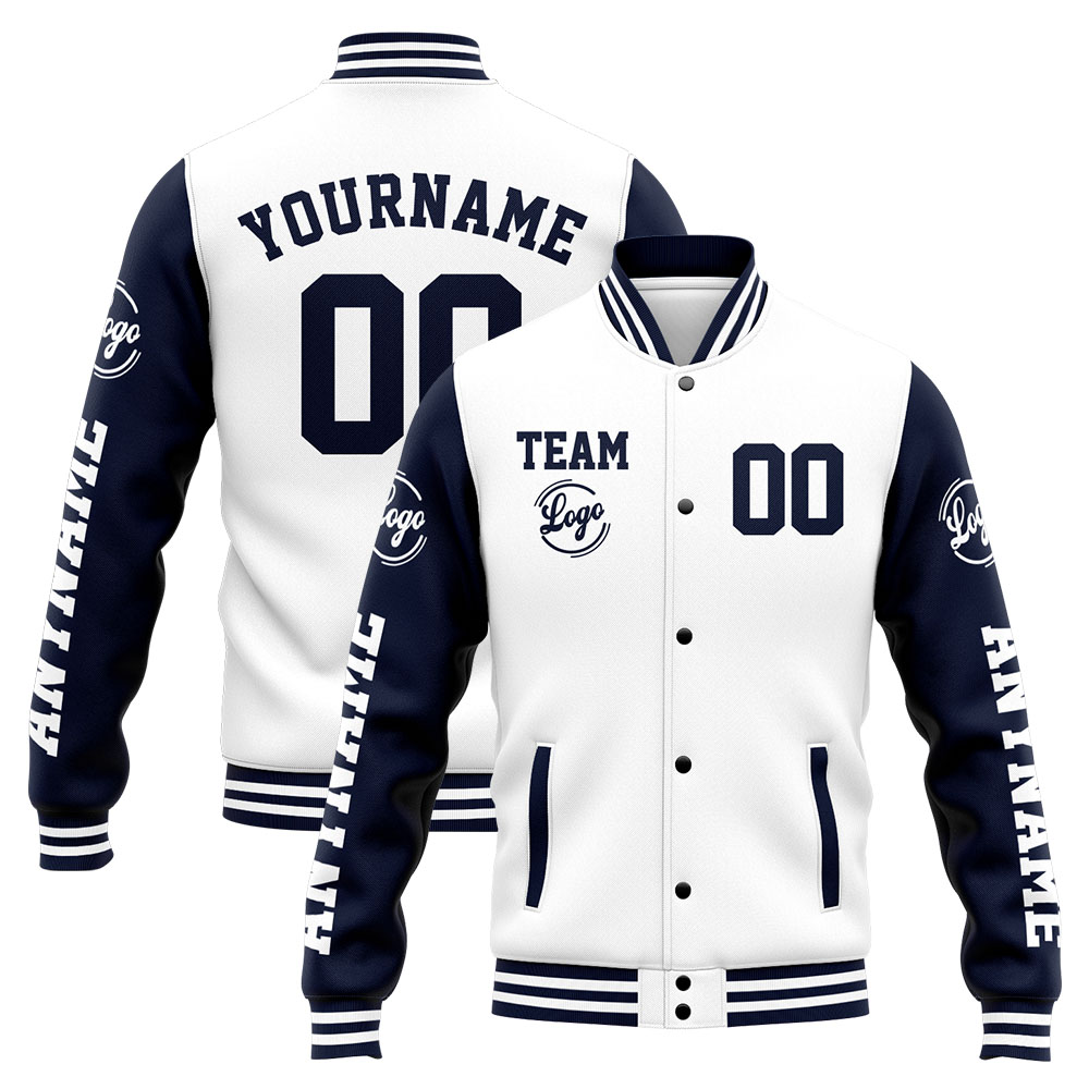 Custom Navy White Varsity Jacket for Men Women and Youth with Personalized Letterman Jacket 