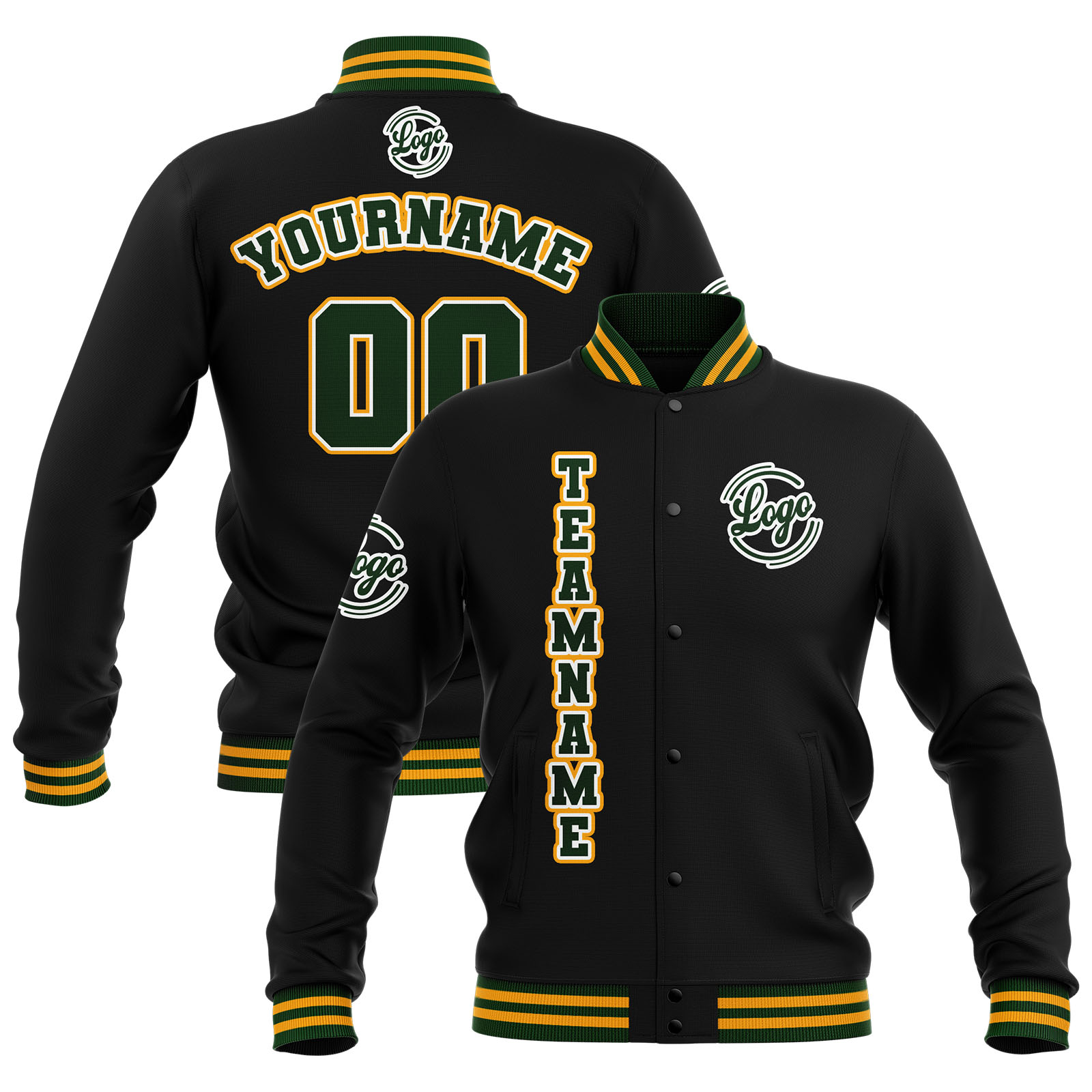 Custom Black Dark Green Yellow Waterproof Varsity Jackets Personalized Stitched Name Number Logo to Letterman Jackets