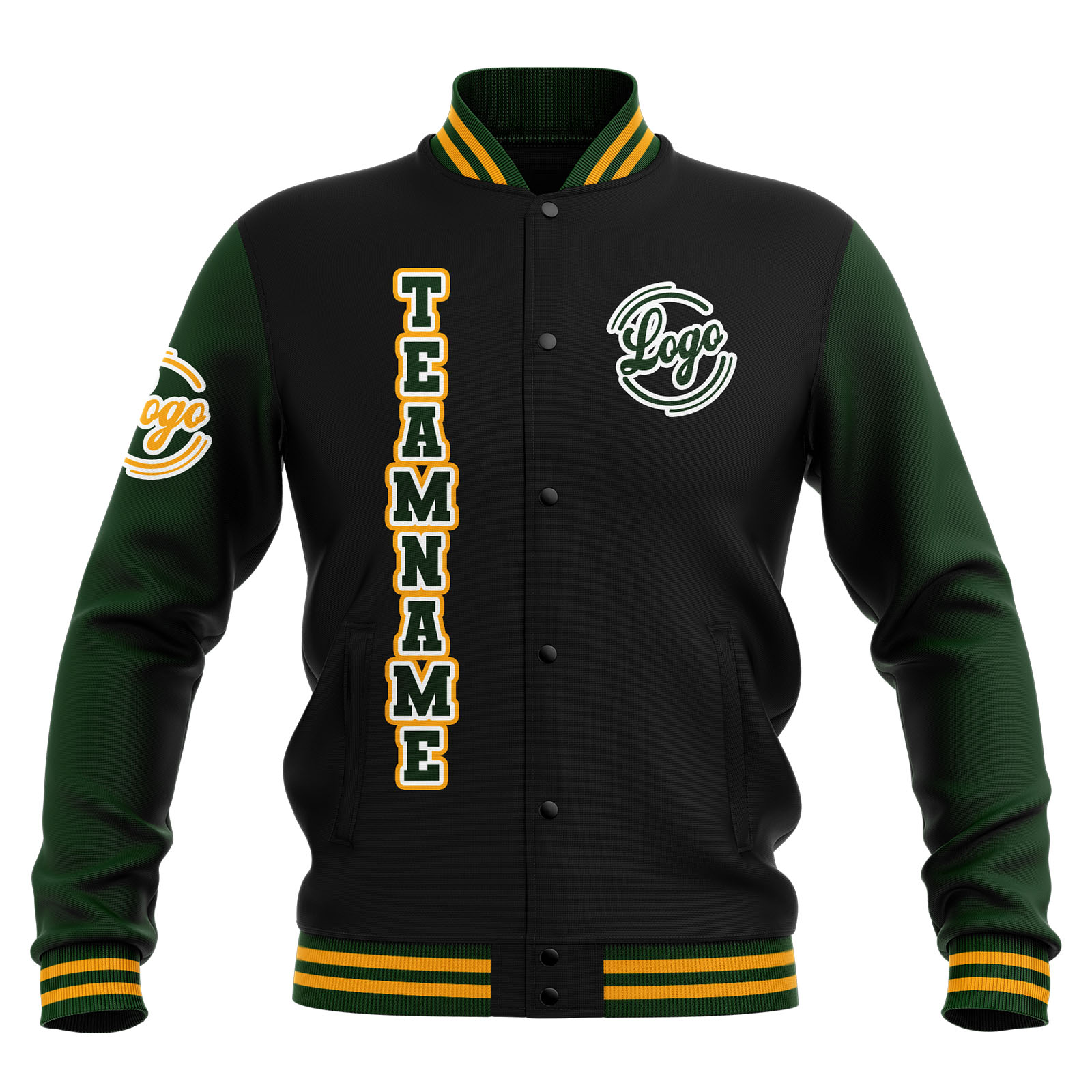 Custom Black Dark Green Yellow Waterproof Varsity Jackets Personalized Stitched Name Number Logo to Letterman Jackets
