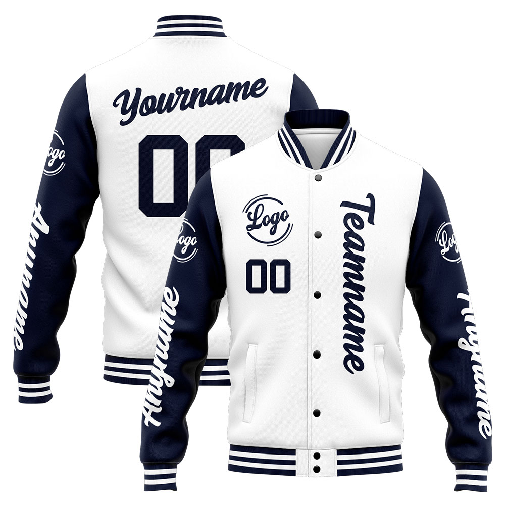 Custom Navy White Varsity Jacket for Men Women and Youth with Personalized Letterman Jacket 