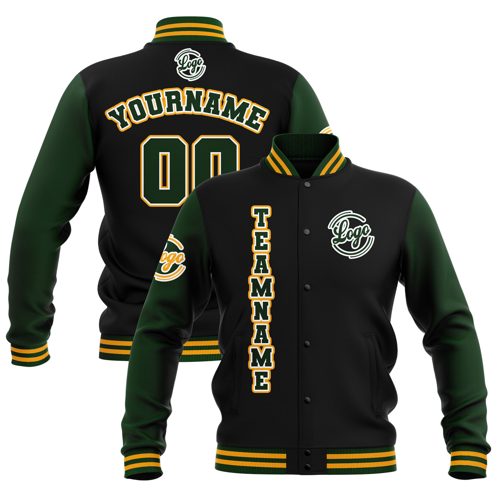 Custom Black Dark Green Yellow Waterproof Varsity Jackets Personalized Stitched Name Number Logo to Letterman Jackets
