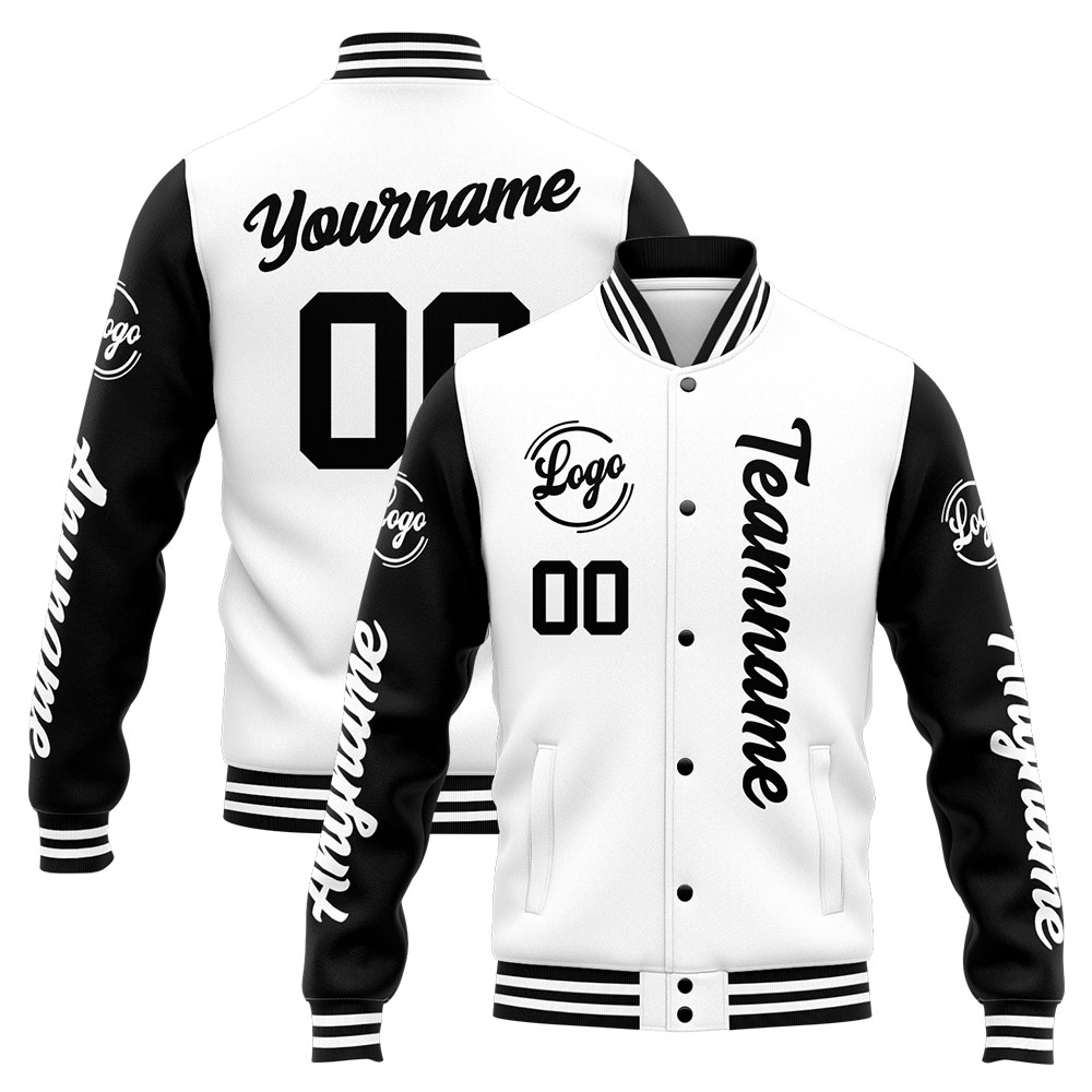 Custom White Black Varsity Jacket for Men Women and Youth with Personalized Letterman Jacket 