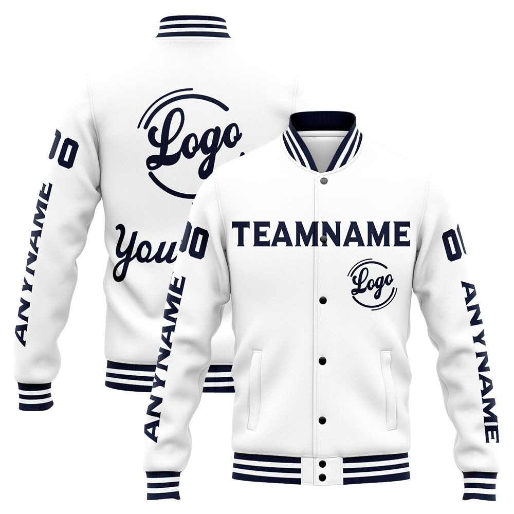 Custom Navy White Varsity Jacket for Men Women and Youth with Personalized Letterman Jacket 