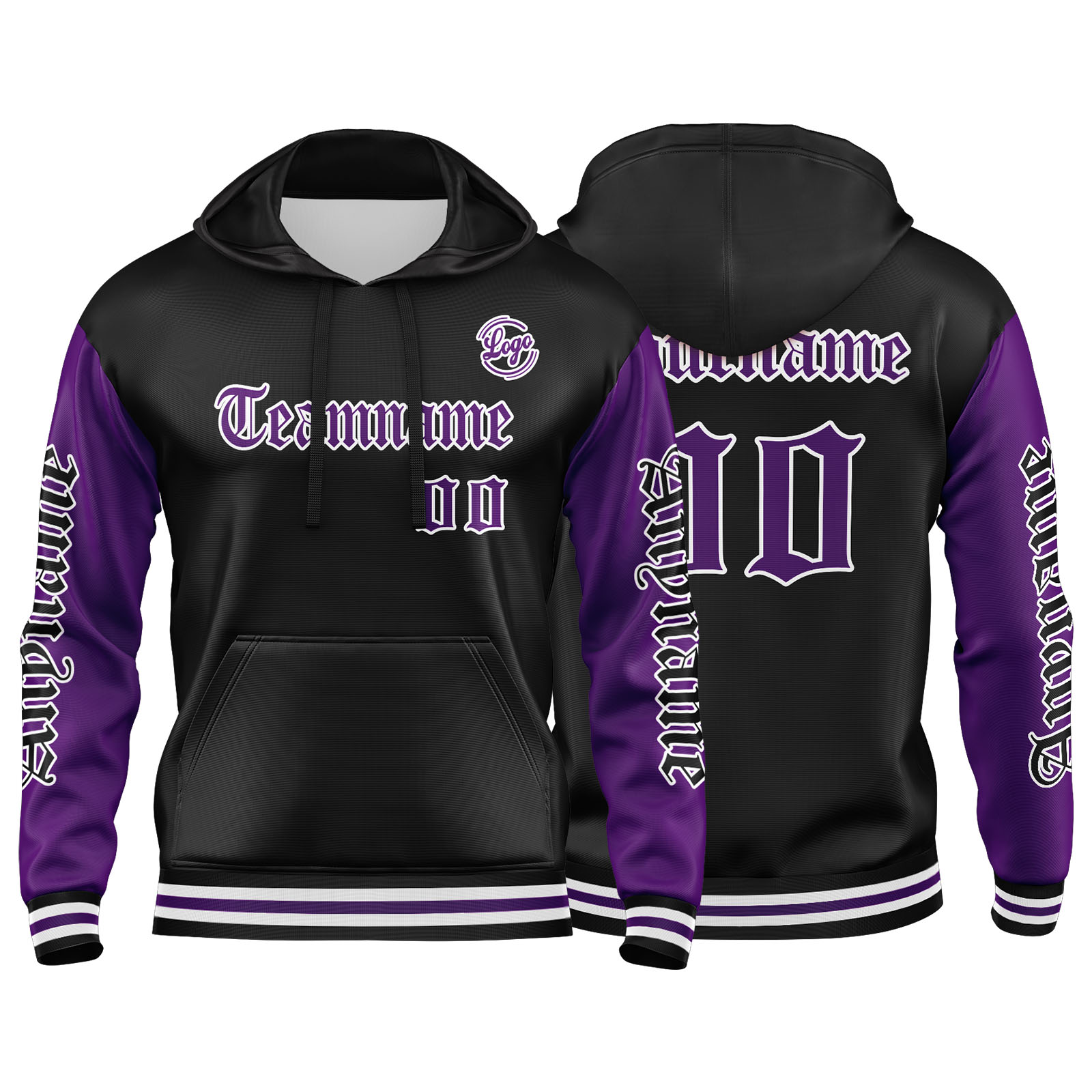 Custom Purple Black  Hoodie Personalized Mens Pullover Hoodie Printed Team Name Number Logo for Women
