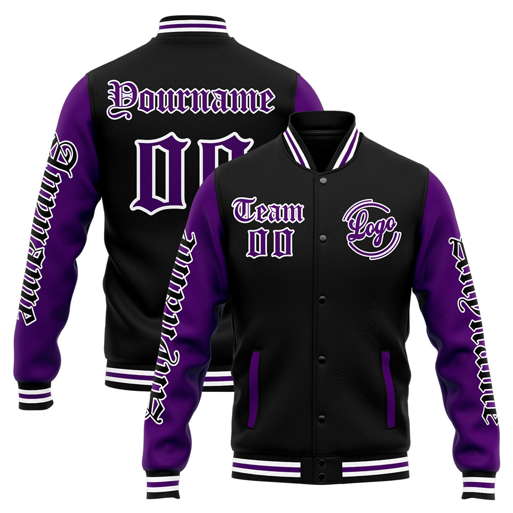 Custom Purple Black Varsity Jacket for Men Women and Youth with Personalized Letterman Jacket 