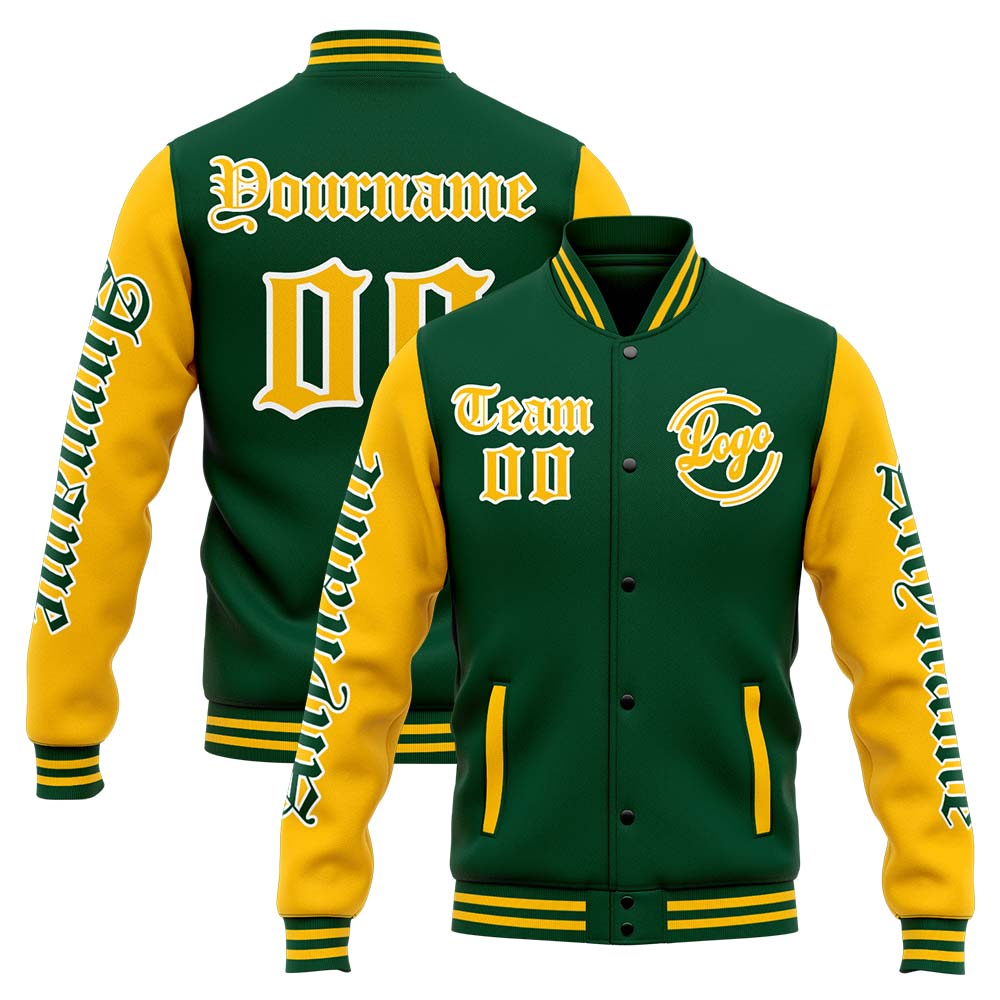 Custom Green Yellow Varsity Jacket for Men Women and Youth with Personalized Letterman Jacket 