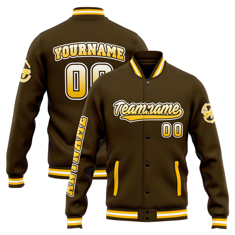 Custom Brown Yellow Varsity Jacket for Men Women and Youth with Personalized Letterman Jacket 