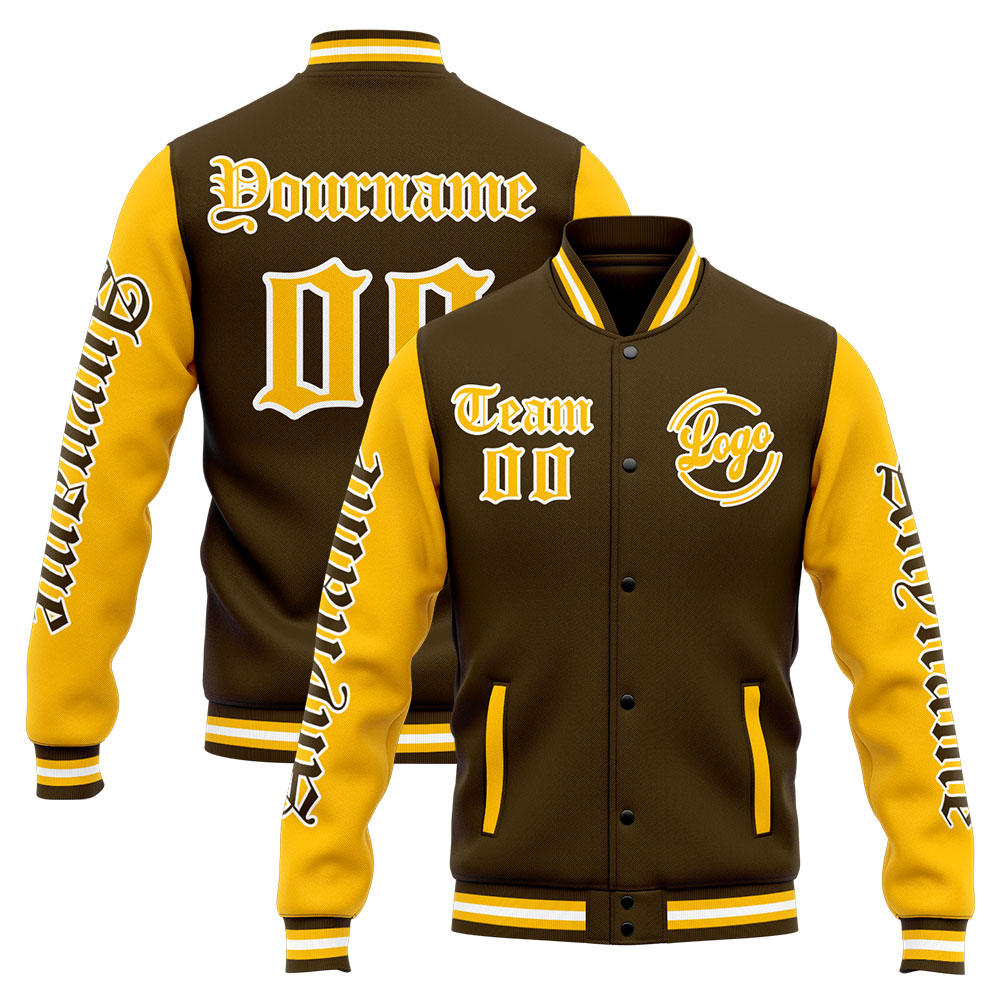 Custom Brown Yellow Varsity Jacket for Men Women and Youth with Personalized Letterman Jacket 