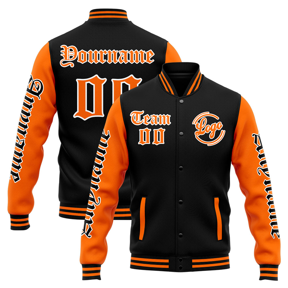 Custom Orange Black Varsity Jacket for Men Women and Youth with Personalized Letterman Jacket 