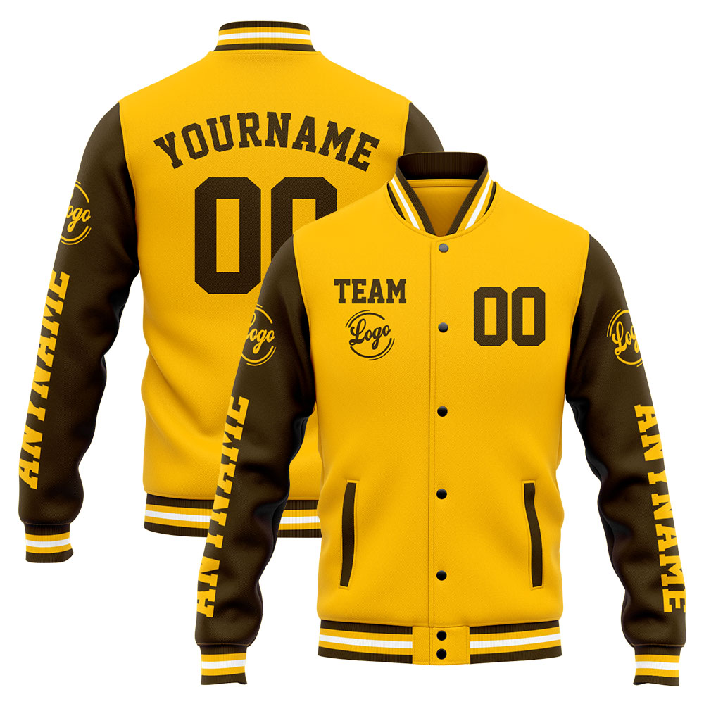 Custom Brown Yellow Varsity Jacket for Men Women and Youth with Personalized Letterman Jacket 