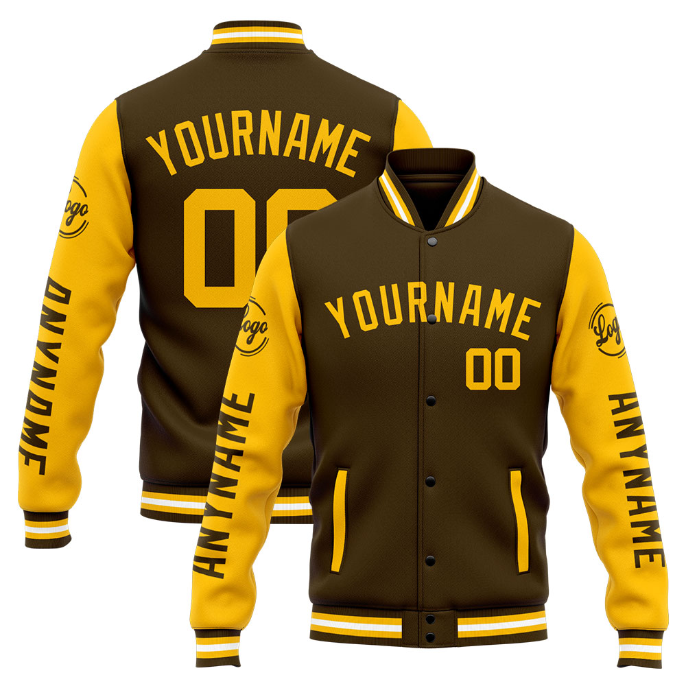 Custom Brown Yellow Varsity Jacket for Men Women and Youth with Personalized Letterman Jacket 