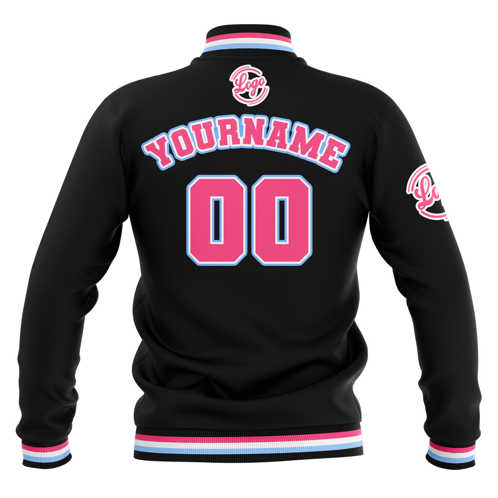Custom Black Pink Light Blue Waterproof Varsity Jackets Personalized Stitched Name Number Logo to Letterman Jackets