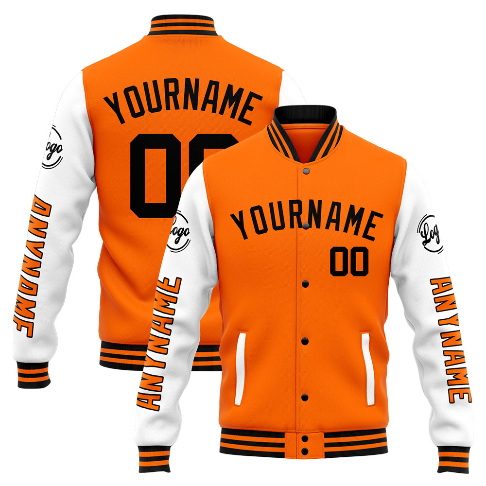 Custom Orange White Varsity Jacket for Men Women and Youth with Personalized Letterman Jacket 