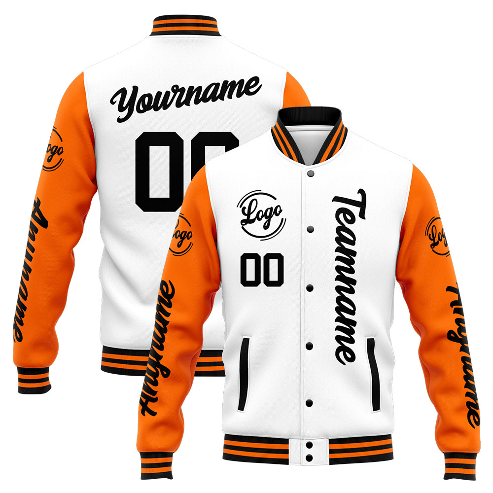 Custom Orange White Varsity Jacket for Men Women and Youth with Personalized Letterman Jacket 
