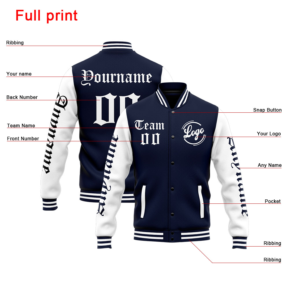 Custom Navy White Varsity Jacket for Men Women and Youth with Personalized Letterman Jacket 
