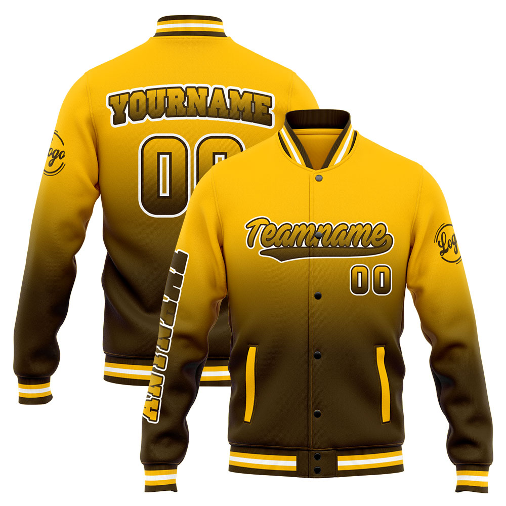 Custom Brown Yellow Varsity Jacket for Men Women and Youth with Personalized Letterman Jacket 