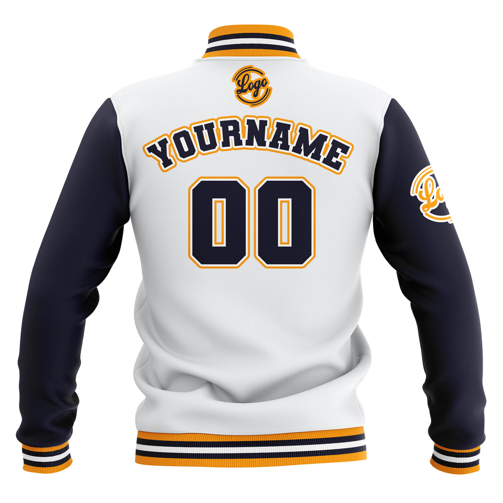 Custom White Navy Yellow Waterproof Varsity Jackets Personalized Stitched Name Number Logo to Letterman Jackets