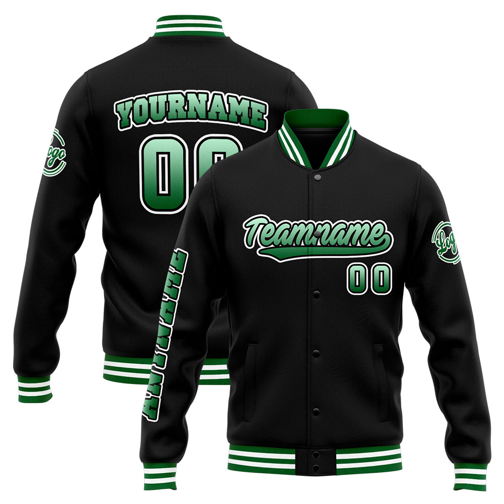 Custom Green Black White Varsity Jacket for Men Women and Youth with Personalized Letterman Jacket 