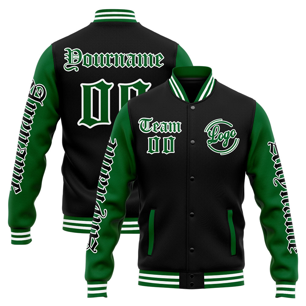 Custom Green Black Varsity Jacket for Men Women and Youth with Personalized Letterman Jacket 