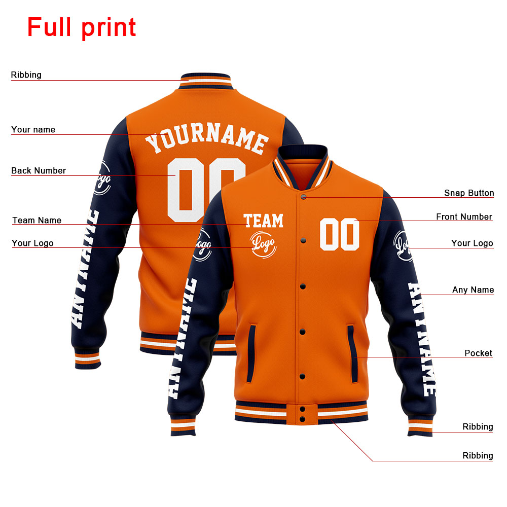 Custom Navy Orange Varsity Jacket for Men Women and Youth with Personalized Letterman Jacket 